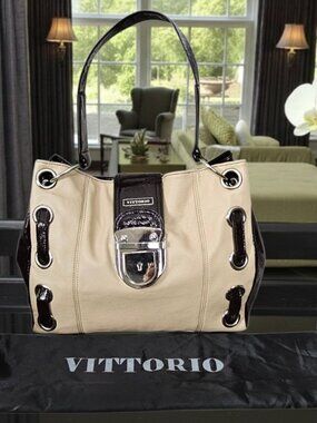 Vittorio Y2K Cream & Brown Colorblock Push Lock Vegan Shoulder Bag Dust Bag
